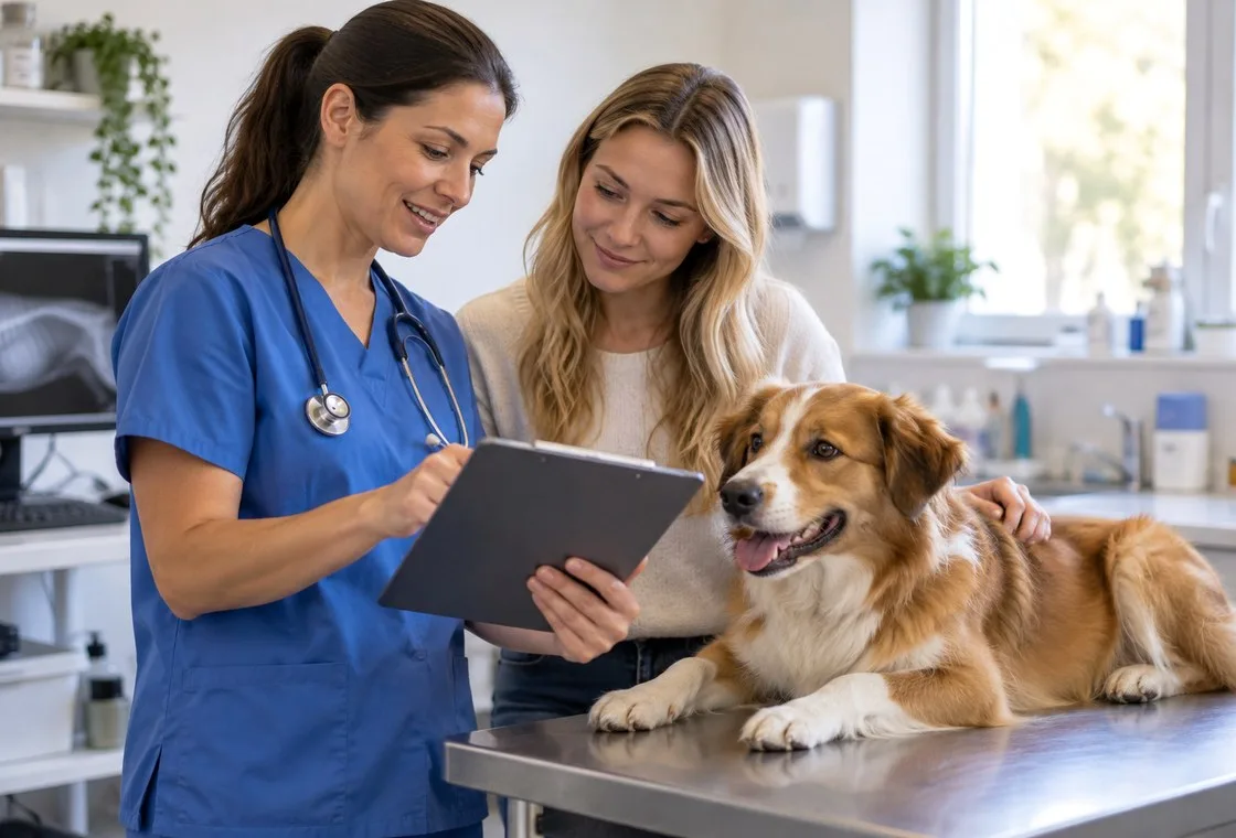 Veterinarian discussing a tablet with an owner beside a dog